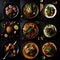 Collage of different salads and food on black background, top view. generative ai