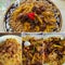 Collage of different shots traditional uzbek dish - pilaf