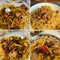 Collage of different shots traditional uzbek dish - pilaf