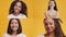 Collage of diverse young women smiling to camera, flirting and posing over orange studio background, slow motion