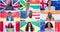 Collage, diversity and face of people with flag background for community, culture and international group. Montage