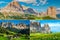 Collage of Dolomites mountains summer scenery and hiking places, Italy