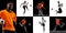 Collage with dynamic portraits of male professional soccer players in motion over black and white background. Sport