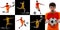 Collage with dynamic portraits of male professional soccer players in motion over black and white background. Sport