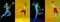 Collage with dynamic portraits of professional male soccer players in motion over colorful background in neon light