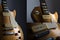 Collage of Electric guitar images, vintage electric guitar close-up in studio shot