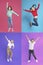 Collage of emotional children jumping on color backgrounds