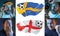 The collage about emotions of football fans of England and Sweden teems and flags isolated on white background