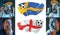 The collage about emotions of football fans of England and Sweden teems and flags on white background