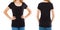 Collage empty t-shirt, woman in blank t shirt - front back views, black tshirt