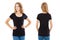 Collage empty t-shirt, woman in blank t shirt - front back views, black tshirt isolated on white