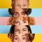 Collage. Eyes of different people, men and women placed in narrow horizontal stripes over multicolored background