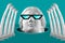 Collage with face of antique sculpture in pixel glasses. Vaporwave style. Modern creative image with head ancient statue