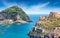 Collage with famous attractions of Ischia Island - Aragonese Castle, green mountain near fishing village Sant`Angelo and clear