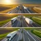 Collage of fast delivery trucks in motion blur on highway