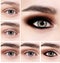 Collage of female eye with makeup steps.