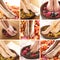 A collage of female feet, rose petals and bowls