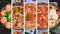 collage with five different types of pizza