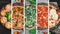 collage with five different types of pizza