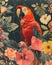 collage of flowers and leaves and retro style parrots for striking image , parrot in the foreground, use of different materials