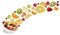 Collage of flying fruit salad with fruits like apples, oranges,