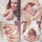 Collage of four photos of the mother and newborn baby