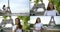 A collage of four videos. a woman in casual clothes and with long dark hair walks around the city, smiles, takes selfies