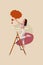 Collage funny young girl clothes shopping advert girl climb ladder holding bubble cloud idea decision isolated on beige