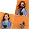 Collage girl with camera on orange background