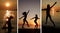 Collage-girls dancing and jumping in the sunset