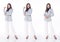 Collage Group Full length Figure snap of 20s Asian Woman brown hair business suit pant and high