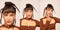 Collage half body of 20s Asian Indian Arab Woman wear brown dress black braided hair on white