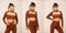 Collage half body of 20s Asian Indian Arab Woman wear brown dress black braided hair on white