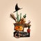 Collage of halloween witches` equipment on soft brown background, Saints` Eve mood