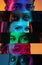 Collage of halves of male and female faces placed on narrow stripes in neon lights.