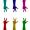 Collage of hand sign three fingers colored on red, yellow, green, blue, cyan, pink, magenta