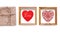 Collage handmade hearts in wooden frame isolated on white