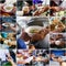 Collage The hands of the poor receive food from volunteers : volunteers giving food to poor people in desperate need