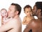 Collage of happy black and caucasian father and baby cuddling on isolated white background Use it for a child, parenting