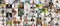 Collage of happy multiracial people avatars on various backgrounds, panorama