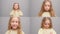 Collage of happy smiling faces of children. A girl with different emotions on her face in one video
