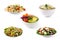 Collage of healthy salad. Greek salad, Pasta salad, Caesar salad and Buddha bowl