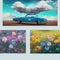 collage illustration car rides on the road, cloud and flowers in summer