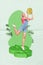 Collage illustration young lady stand tiptoe hold big dollar icon gold coin trading market earn money creative colorful