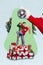 Collage image of pinup pop retro sketch of dancing funny energetic couple funky sweaters santa claus hold disco ball