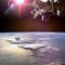 Collage image with planet Earth from the outer space and spaceship above.