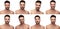 Collage image of a topless man making different faces