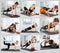 The collage from images of beautiful slim brunette doing some gymnastics at the gym