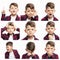 Collage of images of different emotions of a schoolboy boy. White background. Square format