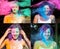 Collage of images with emotional woman with purple hair celebrating Holi festival